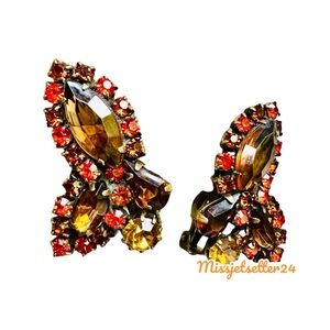 Weiss Vintage Root Beer, Orange Rhinestone Clip on Earrings